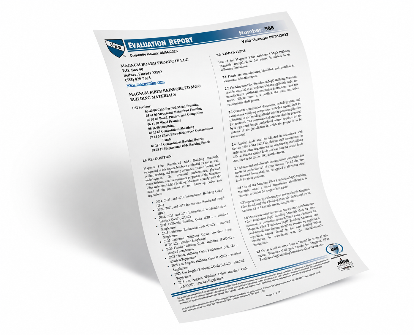 Magnum UES MgO Evaluation Report ER-0986